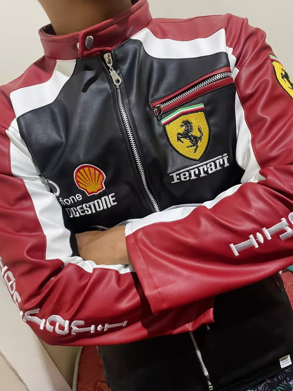 Jaqueta Motorsport Black Red Vintage Couro